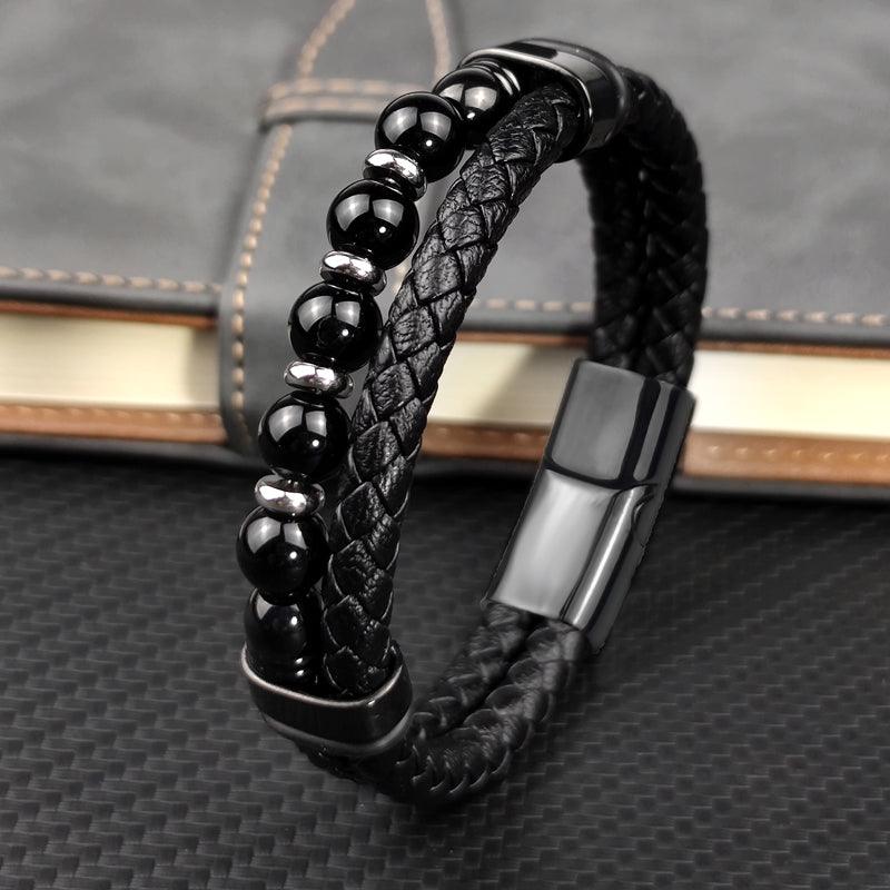 Pulseira de Couro - Black Obsidian - Purità Joias